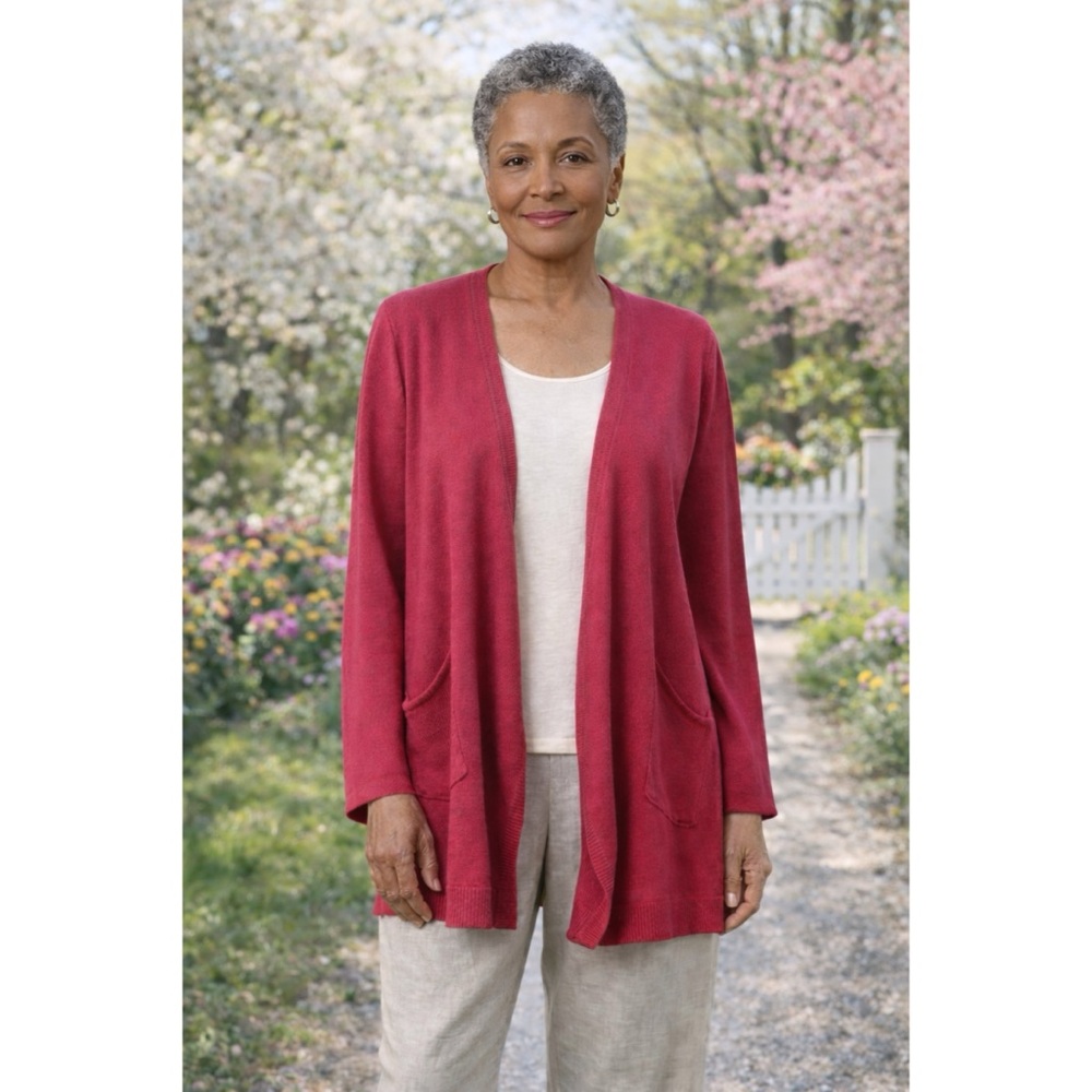 Eileen Fisher System Open Front Cardigan Linen Sweater Draped Pockets Sz M